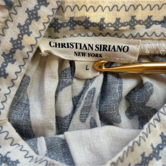 Christian Siriano WM L Shirt Linen Blend Cream Blue Flowers Crochet Trim Boho - Picture 7 of 11